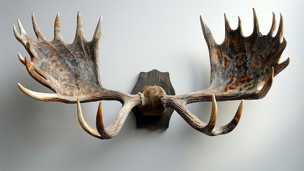 A large set of moose antlers mounted on a wooden plaque The antlers are dark brown and have a beautiful natural shape