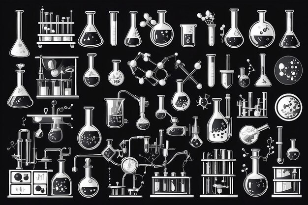 写真 化学実験室の大きなセットと様々な実験を示す図形的なアイコン ガラスの器具
