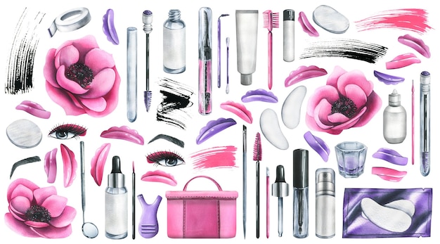 A large set of professional cosmetics and tools for makers of lamination painting eyelashes and eyebrows Watercolor illustration hand drawn Isolated objects on a white background