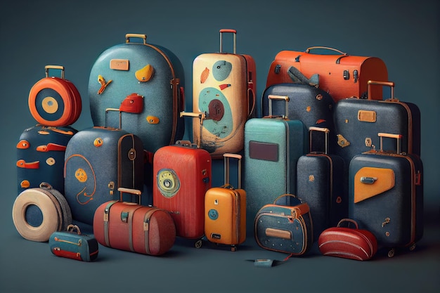 Large set of suitcases for traveling for round trip created with generative ai