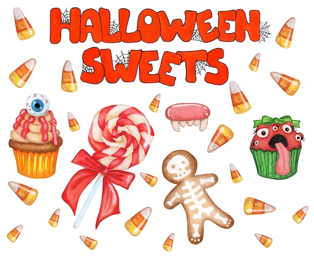 a large set of sweets and text lollipop cupcake with eyes caramels gingerbread with skeleton candy