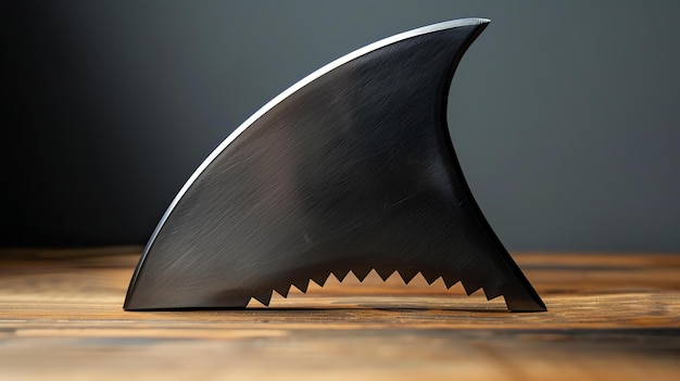 Photo a large shark fin made of metal is sitting on a wooden table the fin is black and has a shiny reflective surface