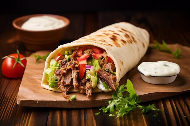 Photo large shawarma with meat and vegetables in kraft paper on a wooden background