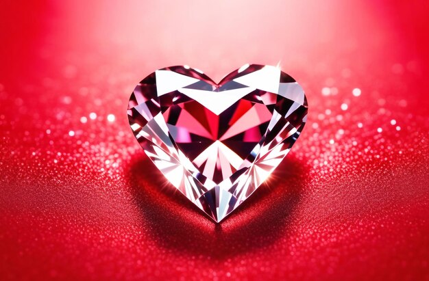 Large shining diamond in the shape of heart on red background gemstone crystal on red velvet