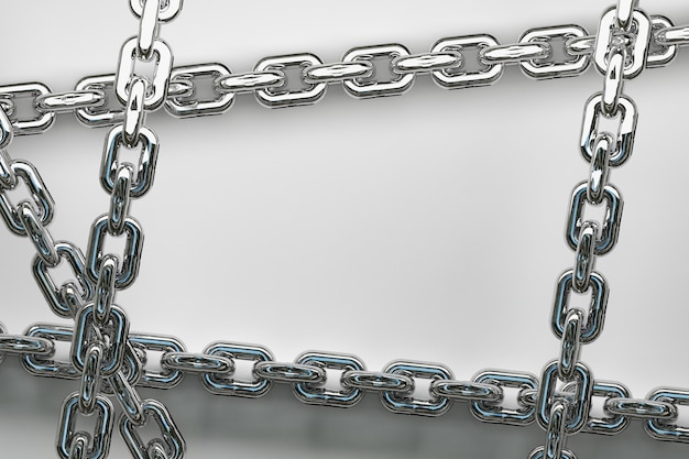 Large shiny metallic silver chains frame background