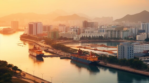 A large ship is docked in a harbor.