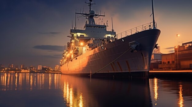 Photo a large ship is docked at sunset.