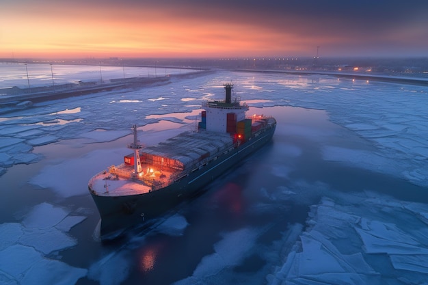 Большой корабль находится посреди какого-то ледяного генеративного изображения ИИ.