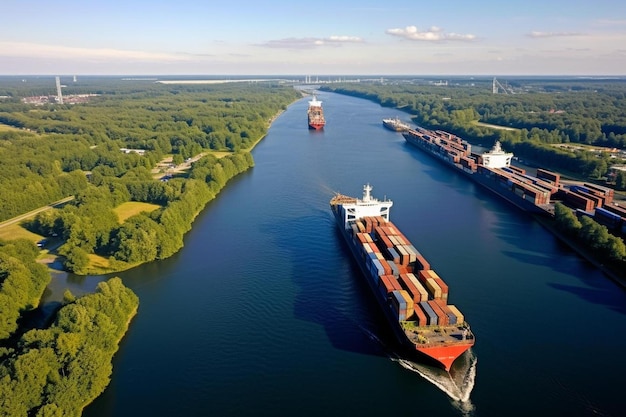 a large ship is sailing down a river with trees in the background