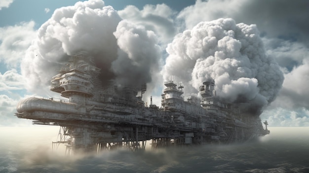 A large ship in the ocean with smoke coming out of it.