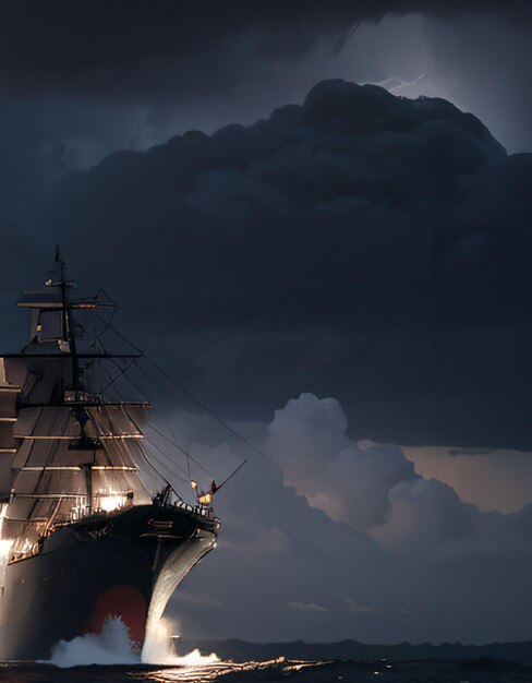 a large ship sailing in the ocean under a cloudy sky