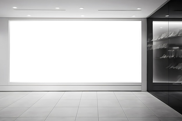 Foto grande cartello con posto bianco vuoto per il mockup montato sul muro di un centro commerciale di moda