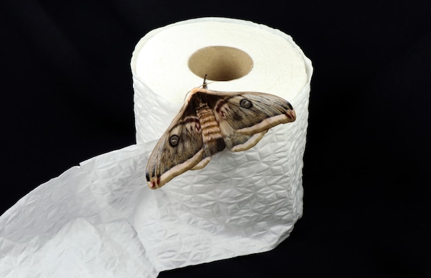 Large silk moth Saturnia on roll white toilet paper. On black background. Butterfly on toilet paper