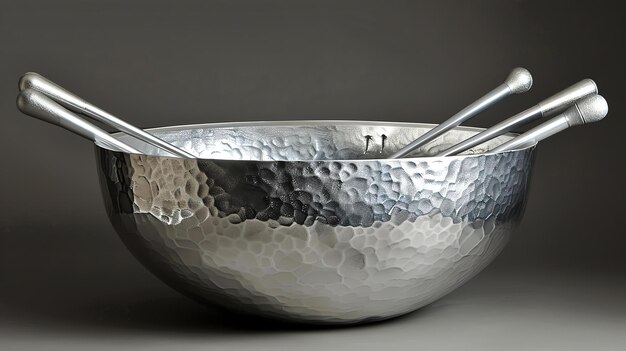 Large silver metal serving bowl with a hammered texture and two matching salad servers The bowl is sitting on a gray surface with a gray background