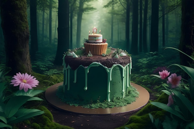 Large Size of Birthday Cake in the forest nature background