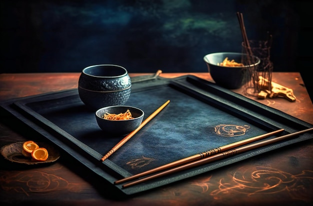 a large slate board with two plates and chopsticks