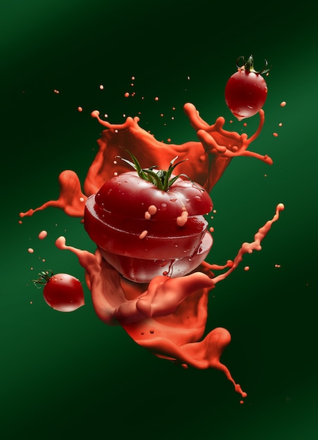 Photo large sliced tomato and two small tomatoes with splash of tomato juice on a green background