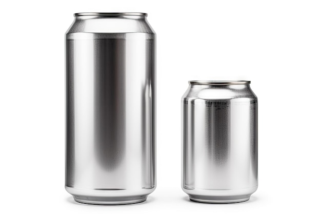 크고 작은 반짝이는 알루미늄 맥주통과 슬림형 캔은 클리핑 패스를 사용하여 흰색 배경에 격리될 수 있습니다.