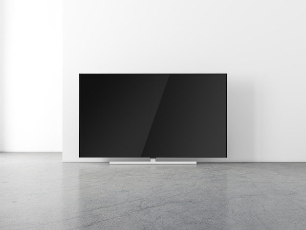 空の部屋の床に立つ大型スマートテレビのモックアップ、3Dレンダリング