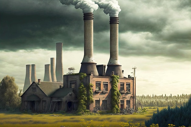 Large smoking factory chimneys against backdrop of rural nature