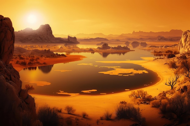 Large smooth lake in the desert and yellow orange sky above