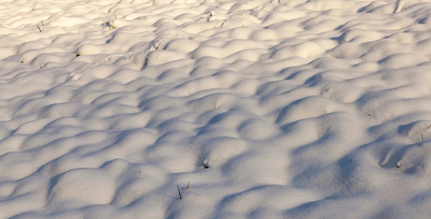 Large snow drifts after a large number of cyclones with snowfall, snow in a frosty winter with a lot of precipitation