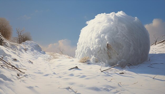 A large snowball rolling down a hill in a highly detailed realistic photo