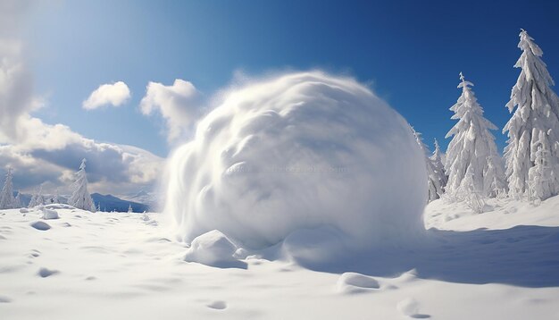 A large snowball rolling down a hill in a highly detailed realistic photo