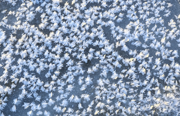 川の最初の青い氷の上の大きな雪片のクローズアップ純粋な雪の結晶
