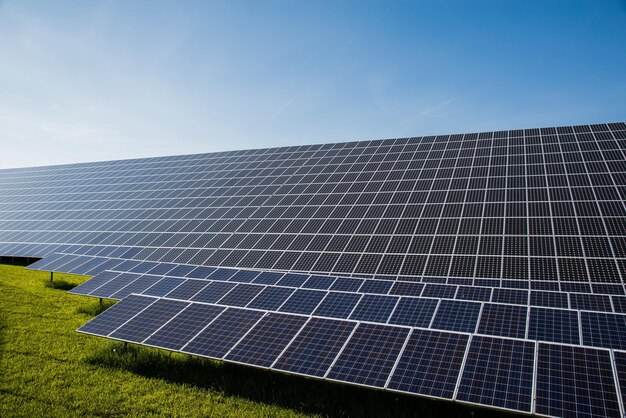 Photo a large solar panel is shown in front of a blue sky.