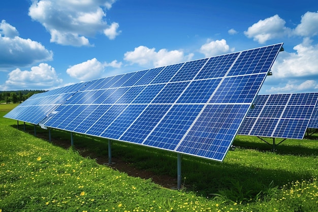 晴れた青い空の下の緑の田舎の土地に巨大な太陽電池パネル配列