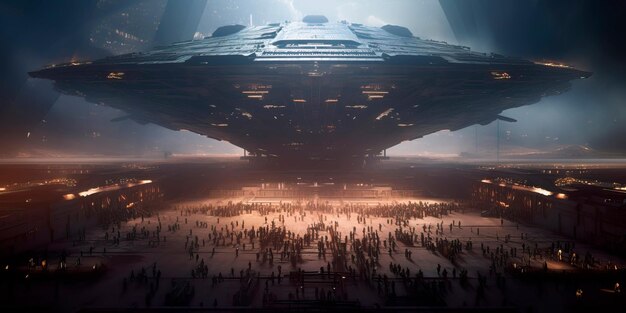 large spaceship from which aliens are disembarking