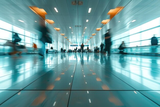 Large spacious airport blurred people in motion