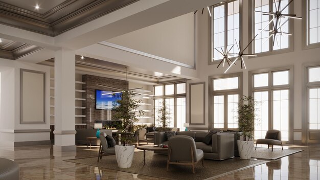 large and spacious interior of the lobby in the hotel 3D illustration cg render