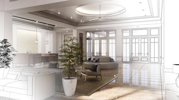 large and spacious interior of the lobby in the hotel 3D illustration cg render