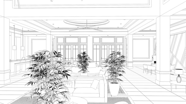 large and spacious interior of the lobby in the hotel sketch outline illustration cg render