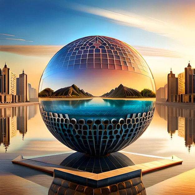 a large sphere with a city in the background
