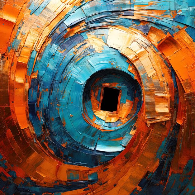 a large spiral design is shown in a blue and orange color