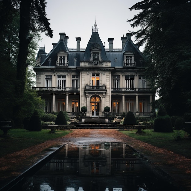 A large spooky mansion with a reflection in the water in front of it