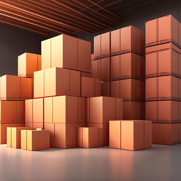 A large stack of boxes in a large storage room