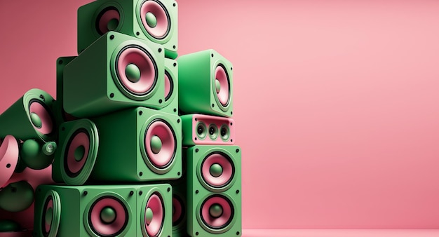 A large stack of colourful green and pink music audio speakers Generative ai