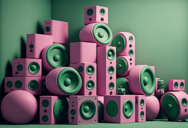 Photo a large stack of colourful green and pink music audio speakers generative ai