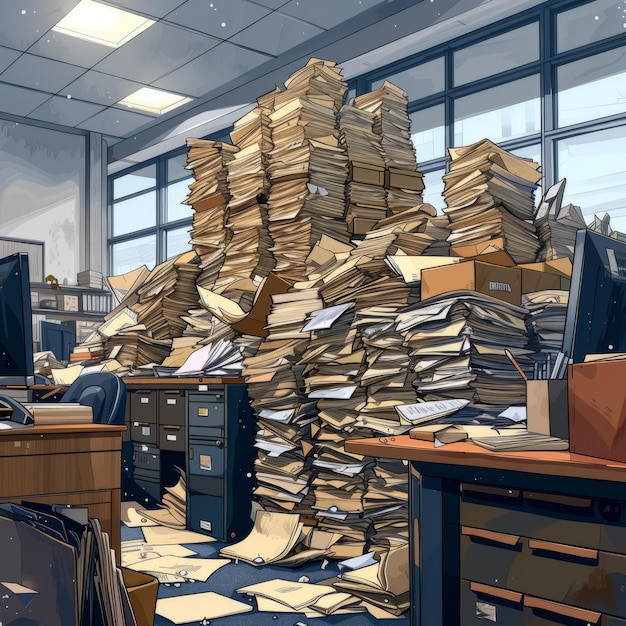 A large stack of documents and files in an office