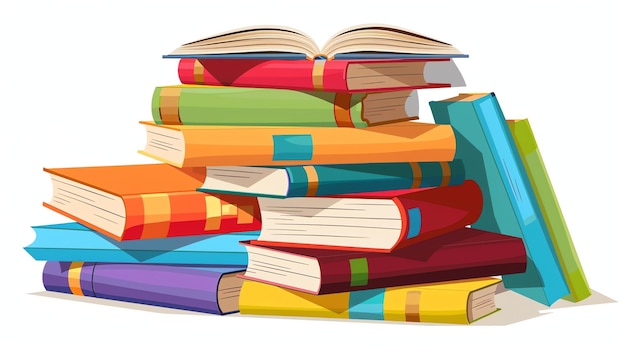 Photo a large stack of hardcover and paperback books in various colors the top book is open and the others are closed