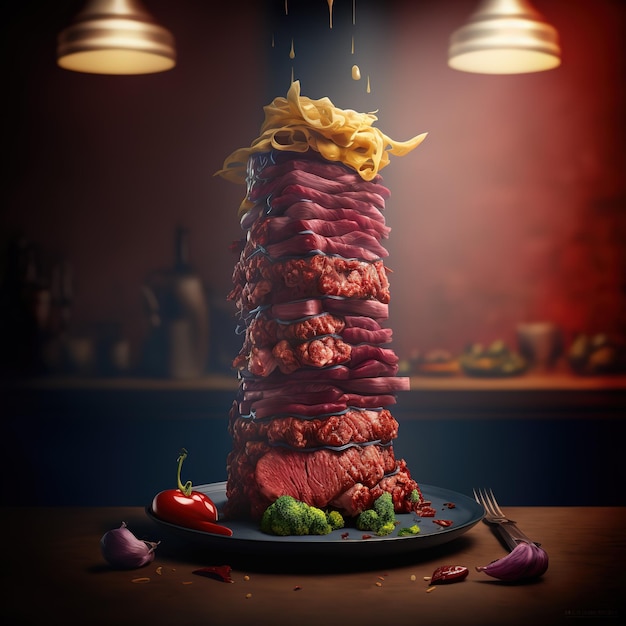 A large stack of meat with a red background and a light above it.