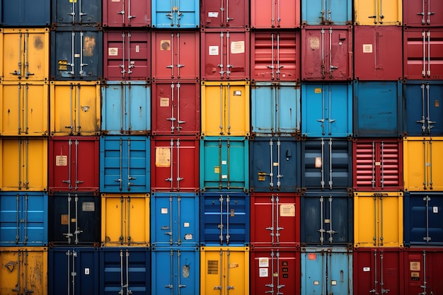 A large stack of multicolored shipping containers Colorful background