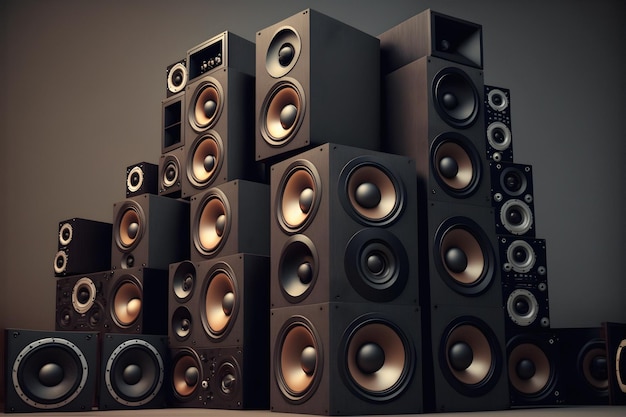 A large stack of music audio speakers. 3d illustration