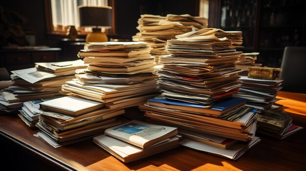 Photo a large stack of old archival documents generative ai