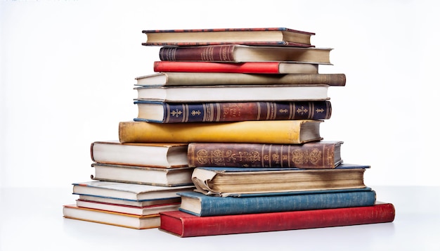 A large stack of old vintage hardcover books isolated on a white background