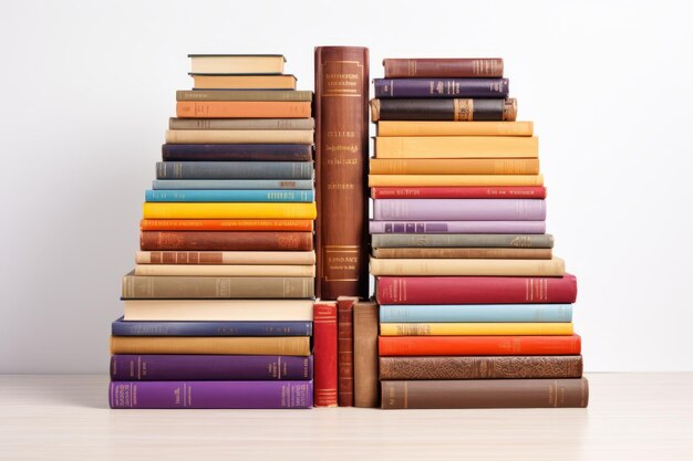 A large stack of old vintage hardcover books on a wooden table